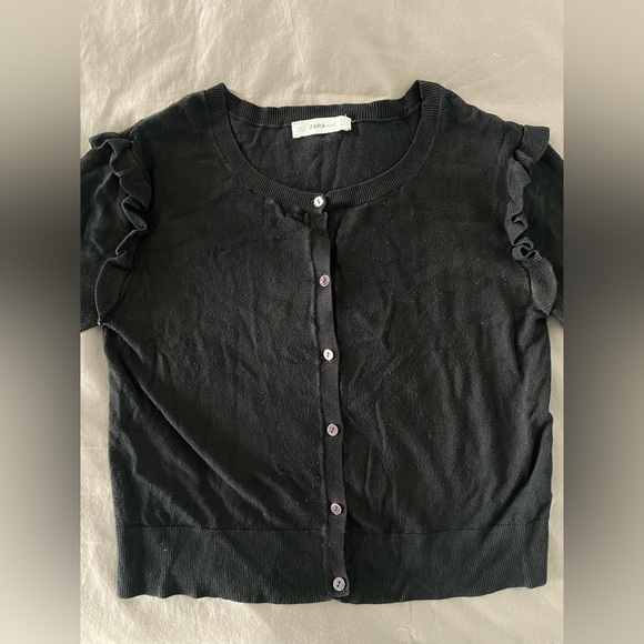 Zara black cardigan with ruffles on the cuff and shoulder. Size: Large - Picture 3 of 3